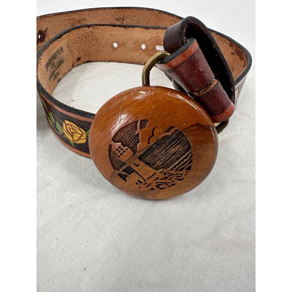 Vintage Hand Tooled Womens Belt Brown Yellow Roses Western Wooden Buckle Cowgirl - Picture 3 of 8